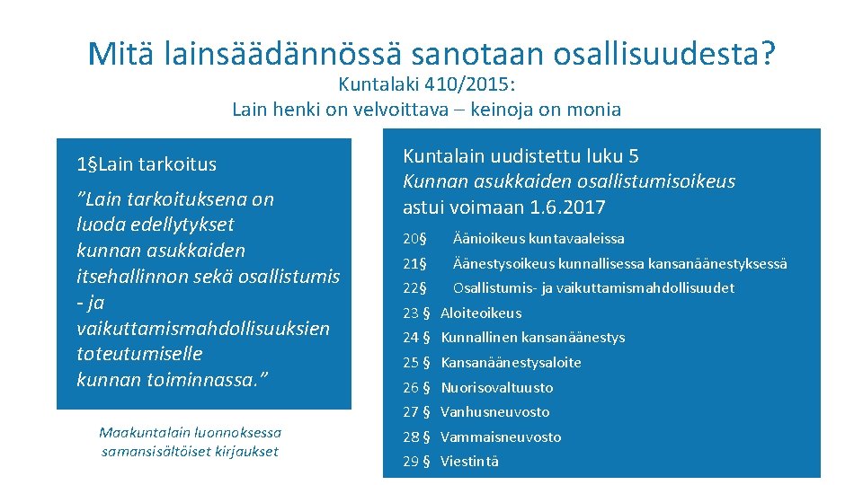 Mitä lainsäädännössä sanotaan osallisuudesta? Kuntalaki 410/2015: Lain henki on velvoittava – keinoja on monia