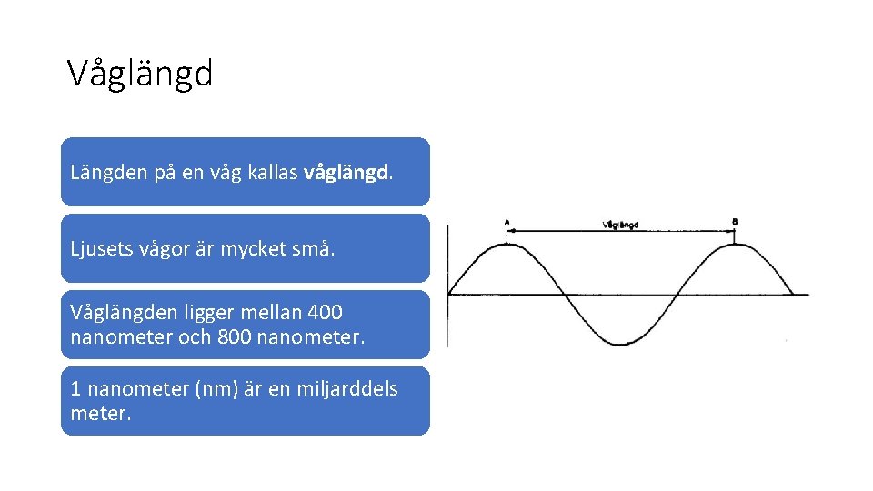 Våglängd Längden på en våg kallas våglängd. Ljusets vågor är mycket små. Våglängden ligger