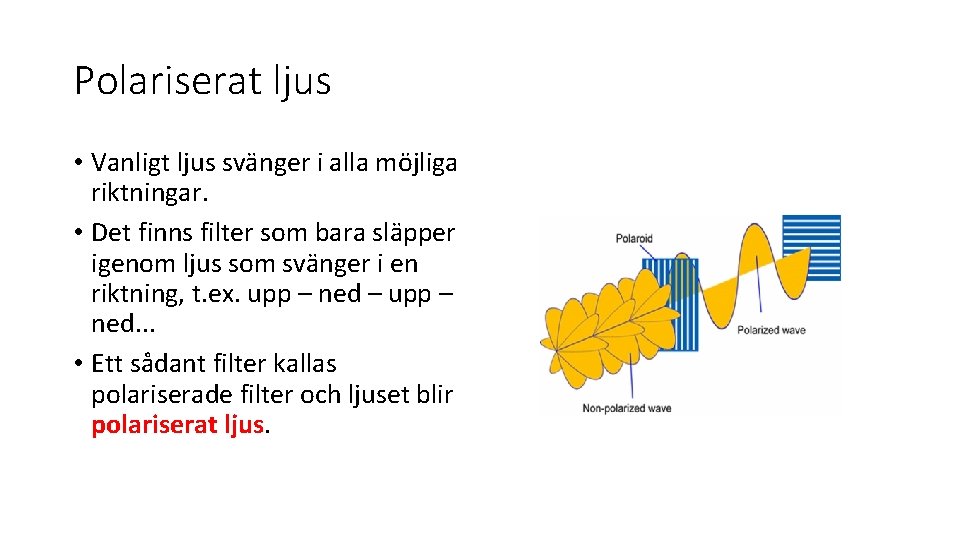 Polariserat ljus • Vanligt ljus svänger i alla möjliga riktningar. • Det finns filter