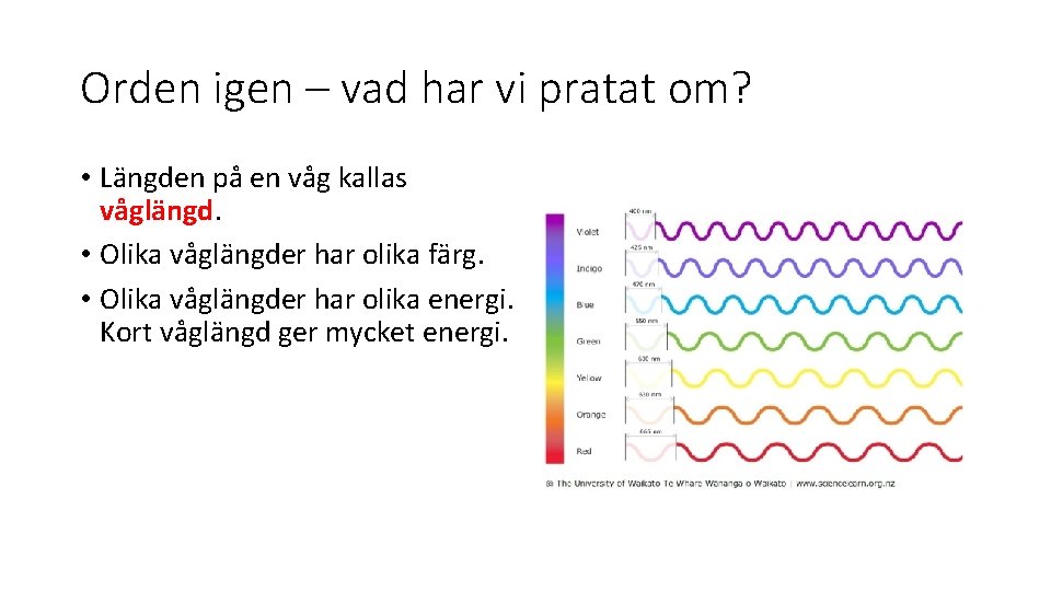 Orden igen – vad har vi pratat om? • Längden på en våg kallas