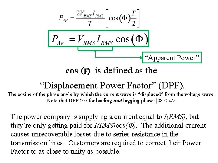 “Apparent Power” cos (F) is defined as the “Displacement Power Factor” (DPF). The cosine