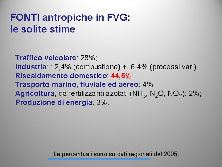 FONTI antropiche in FVG: le solite stime Traffico veicolare: 28%; Industria: 12, 4% (combustione)