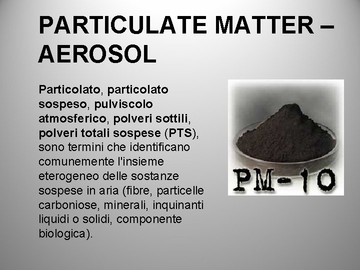 PARTICULATE MATTER – AEROSOL Particolato, particolato sospeso, pulviscolo atmosferico, polveri sottili, polveri totali sospese