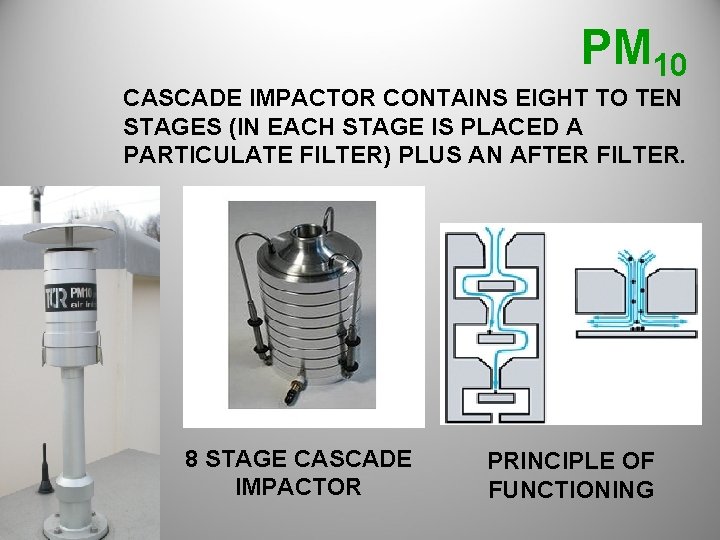 PM 10 CASCADE IMPACTOR CONTAINS EIGHT TO TEN STAGES (IN EACH STAGE IS PLACED