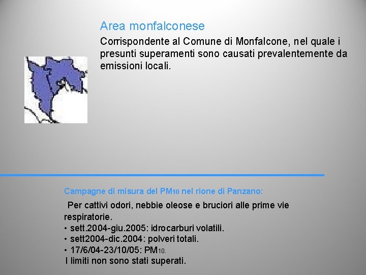 Area monfalconese Corrispondente al Comune di Monfalcone, nel quale i presunti superamenti sono causati