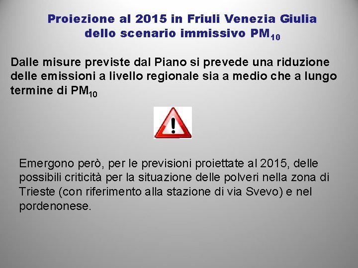 Proiezione al 2015 in Friuli Venezia Giulia dello scenario immissivo PM 10 Dalle misure