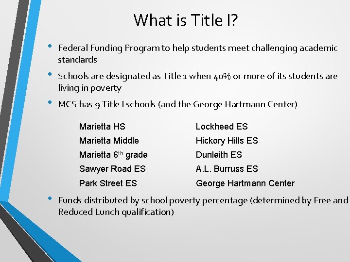 What is Title I? • Federal Funding Program to help students meet challenging academic