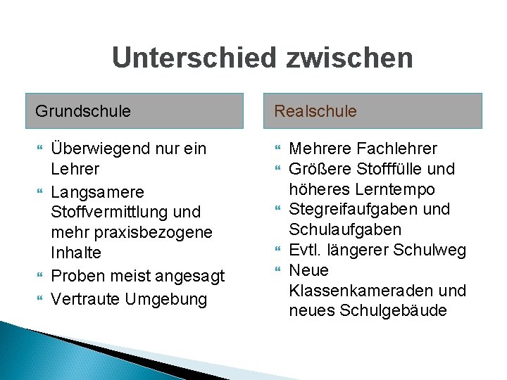 Welche Schulart ist die richtige? Unterschied zwischen Grundschule Überwiegend nur ein Lehrer Langsamere Stoffvermittlung