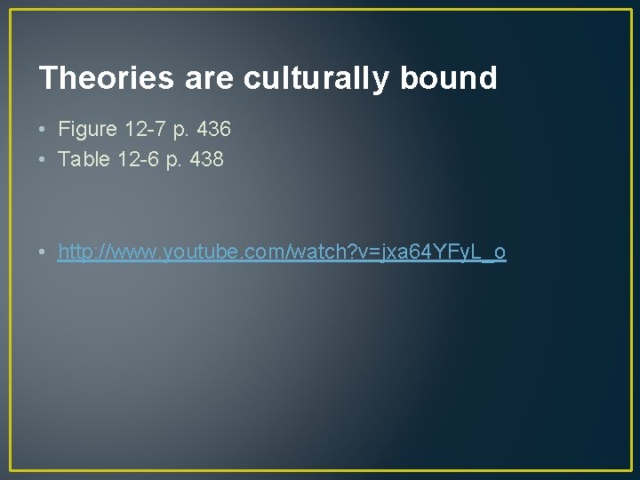 Theories are culturally bound • Figure 12 -7 p. 436 • Table 12 -6