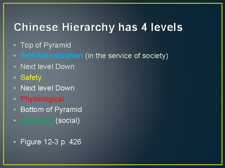 Chinese Hierarchy has 4 levels • • Top of Pyramid Self-Actualization (in the service