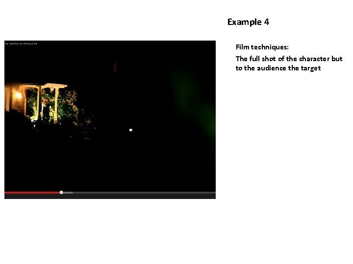 Example 4 Film techniques: The full shot of the character but to the audience