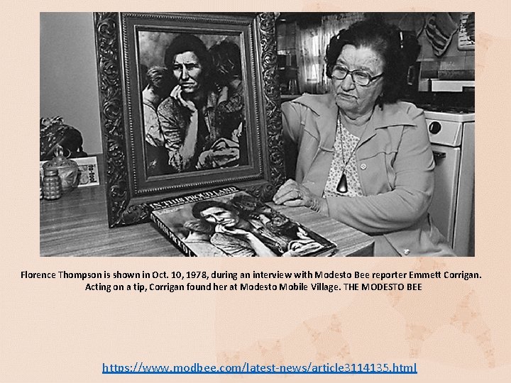 Florence Thompson is shown in Oct. 10, 1978, during an interview with Modesto Bee Florence Thompson is shown in Oct. 10, 1978, during an interview with Modesto Bee