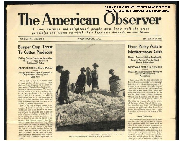 A copy of the American Observer Newspaper from 9/20/37 featuring a Dorothea Lange cover A copy of the American Observer Newspaper from 9/20/37 featuring a Dorothea Lange cover