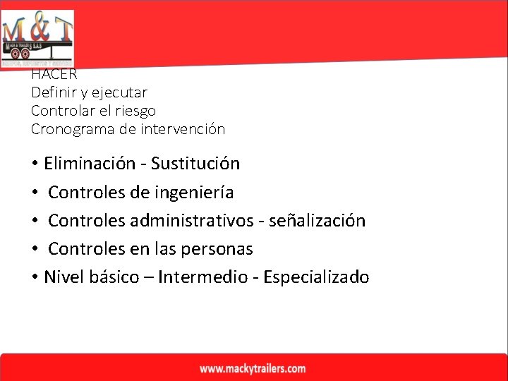 HACER Definir y ejecutar Controlar el riesgo Cronograma de intervención • Eliminación - Sustitución