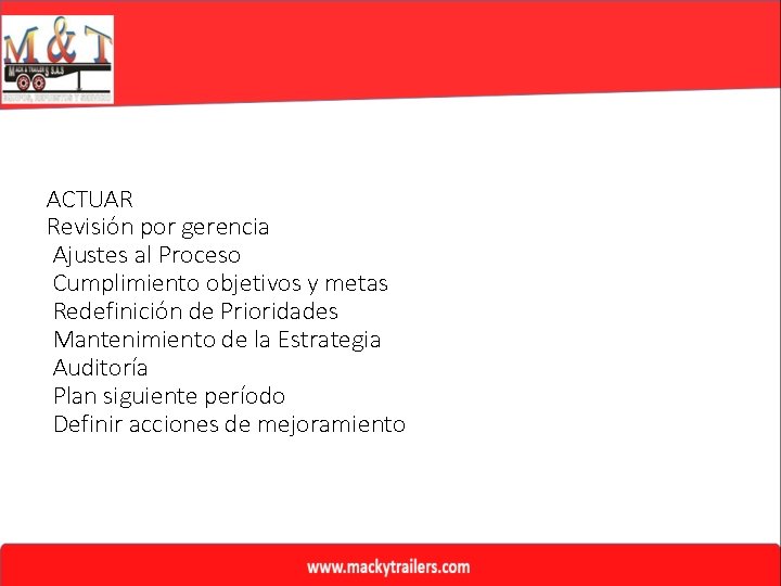 ACTUAR Revisión por gerencia Ajustes al Proceso Cumplimiento objetivos y metas Redefinición de Prioridades