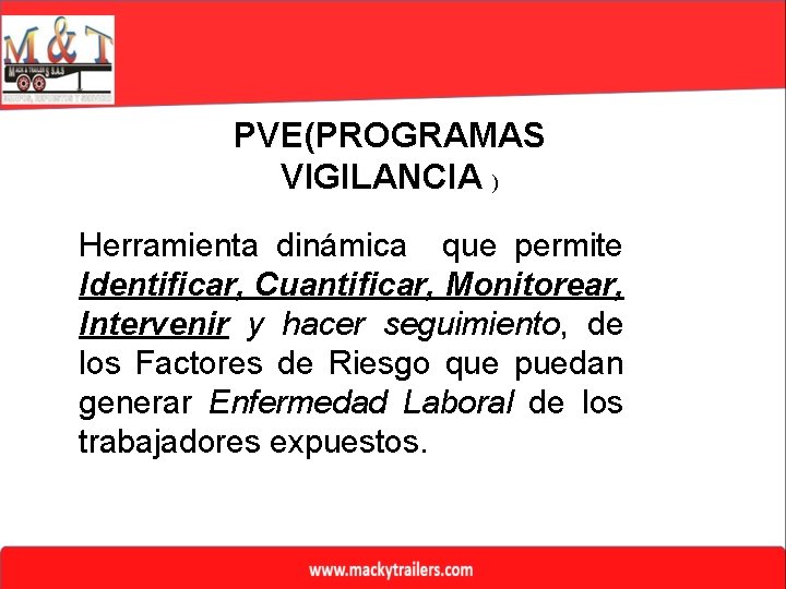 PVE(PROGRAMAS VIGILANCIA ) Herramienta dinámica que permite Identificar, Cuantificar, Monitorear, Intervenir y hacer seguimiento,