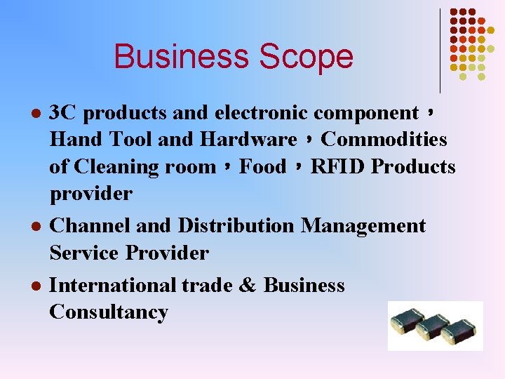 Business Scope l l l 3 C products and electronic component， Hand Tool and