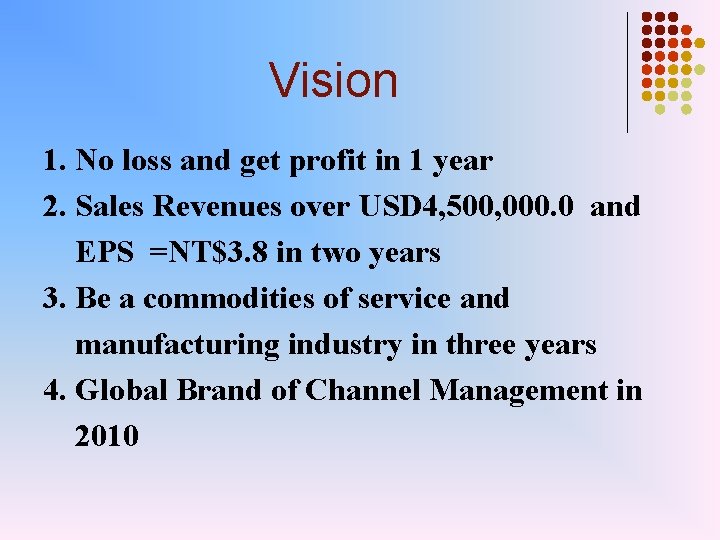 Vision 1. No loss and get profit in 1 year 2. Sales Revenues over