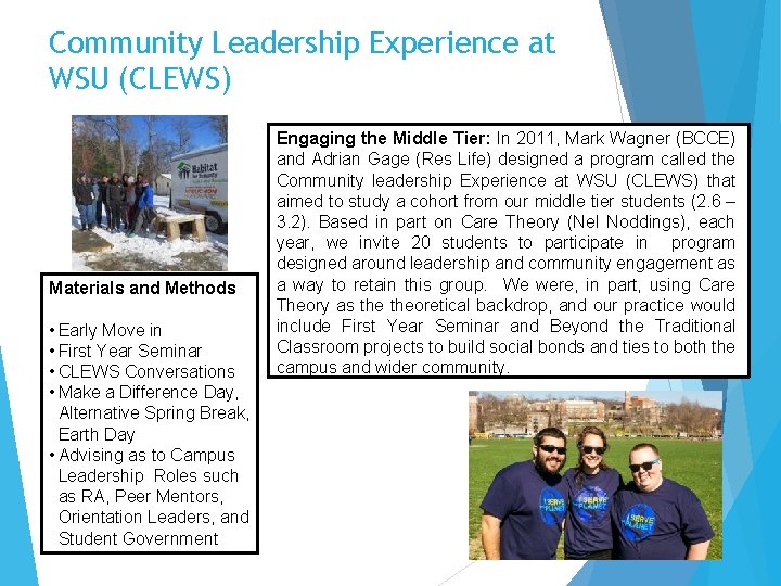 Community Leadership Experience at WSU (CLEWS) Materials and Methods • Early Move in •