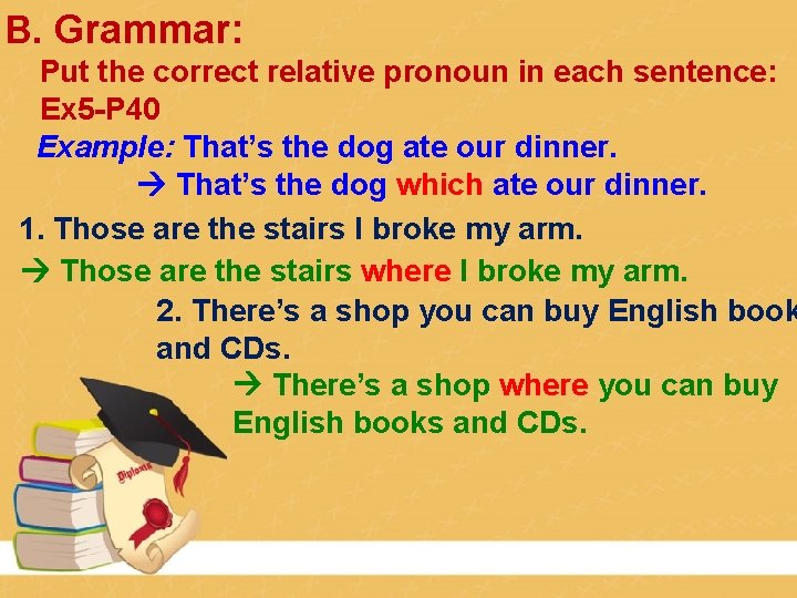 B. Grammar: Put the correct relative pronoun in each sentence: Ex 5 -P 40