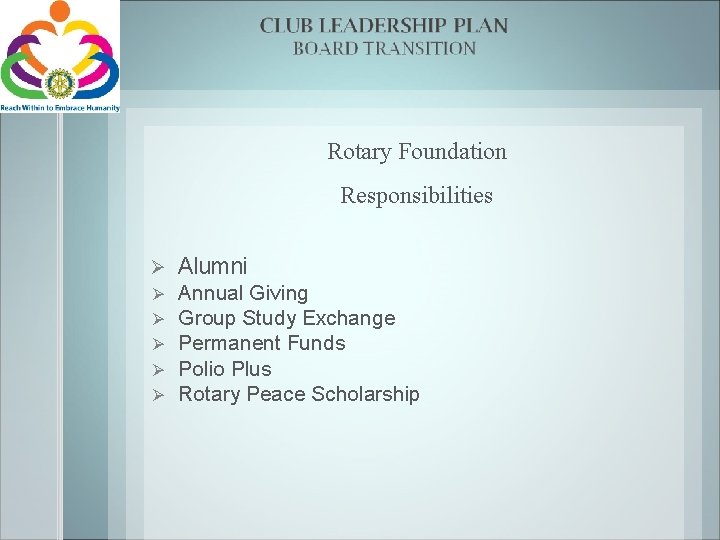 Rotary Foundation Responsibilities Ø Alumni Ø Ø Ø Annual Giving Group Study Exchange Permanent