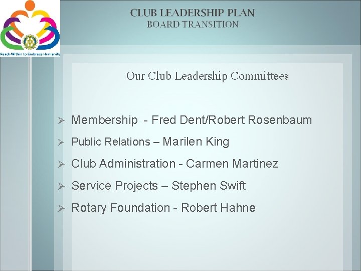 Our Club Leadership Committees Ø Membership - Fred Dent/Robert Rosenbaum Ø Public Relations –