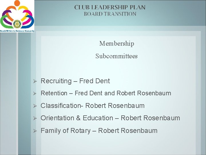 Membership Subcommittees Ø Recruiting – Fred Dent Ø Retention – Fred Dent and Robert