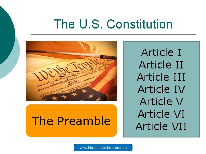 The U. S. Constitution The Preamble www. bluecerealeducation. com Article III Article IV Article