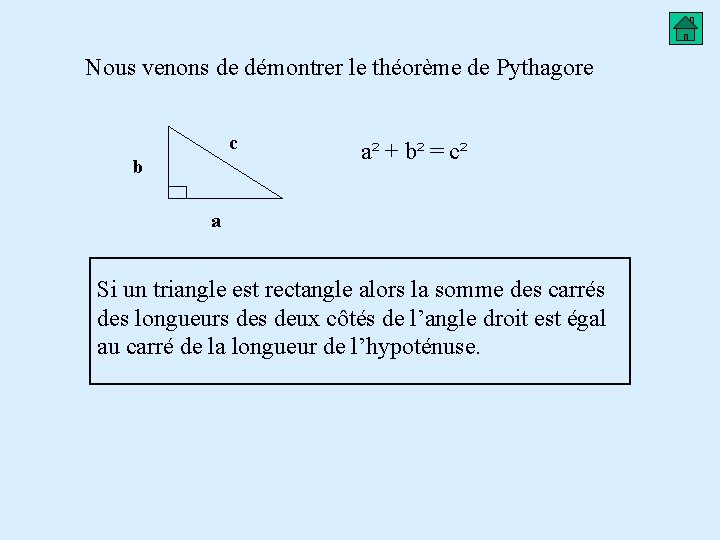 Nous venons de démontrer le théorème de Pythagore c b a² + b² =