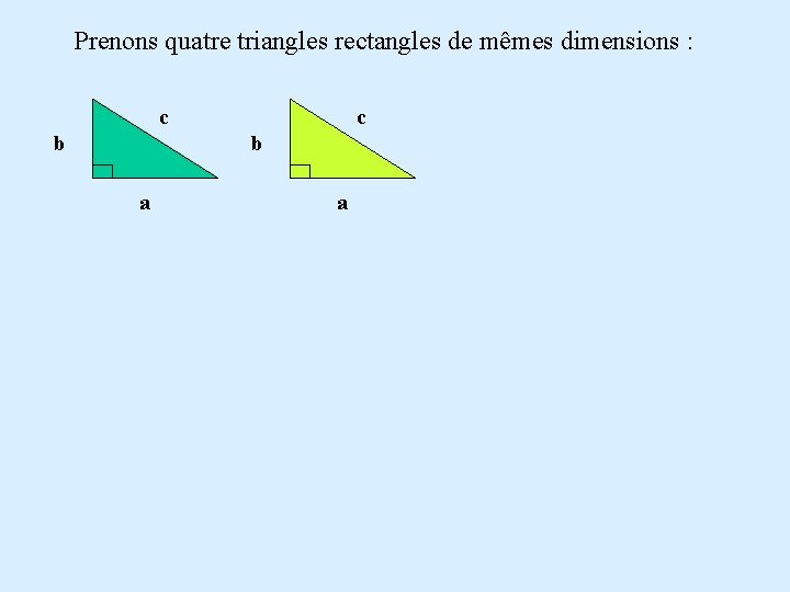 Prenons quatre triangles rectangles de mêmes dimensions : c c b b a a