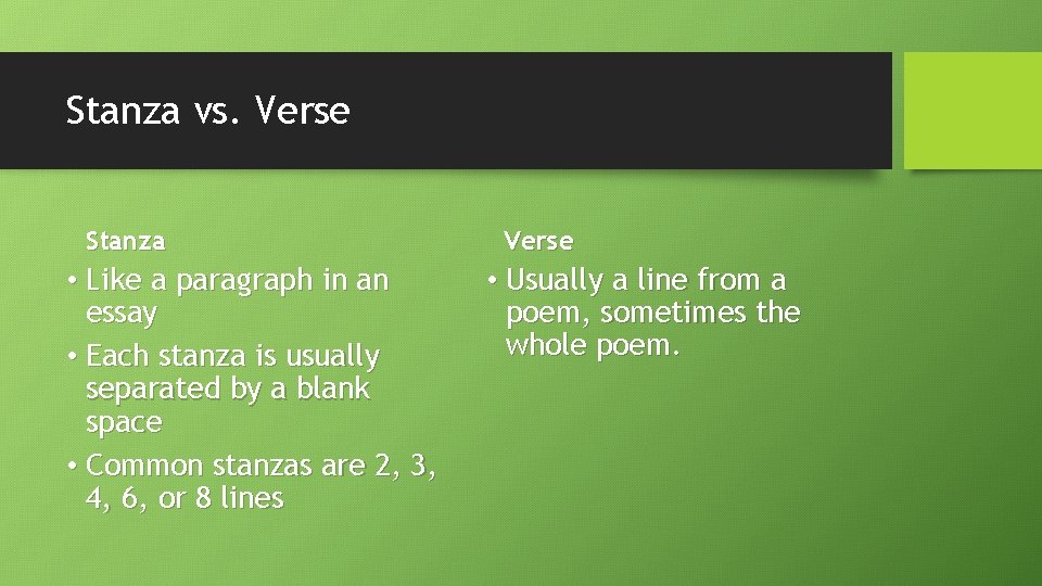 Stanza vs. Verse Stanza • Like a paragraph in an essay • Each stanza