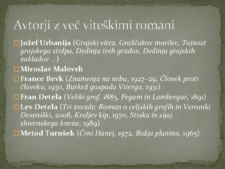 Avtorji z več viteškimi romani � Jožef Urbanija (Grajski vitez, Graščakov morilec, Tajnost grajskega