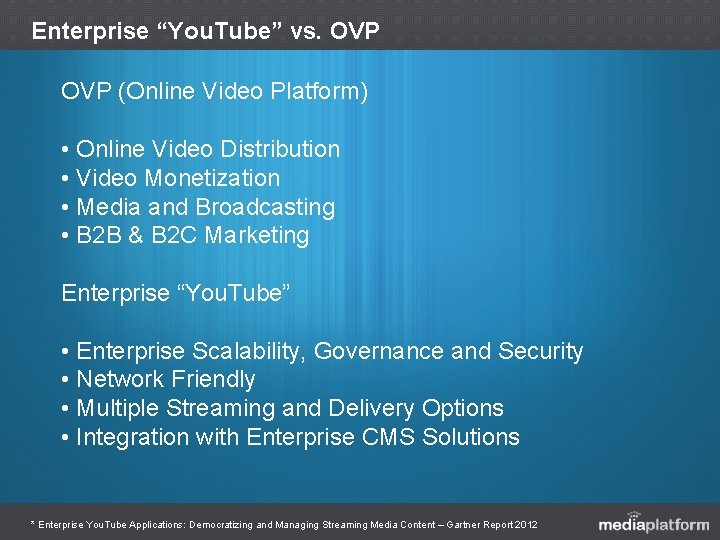 Enterprise “You. Tube” vs. OVP (Online Video Platform) • Online Video Distribution • Video