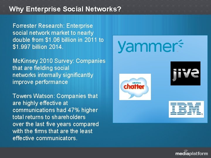 Why Enterprise Social Networks? Forrester Research: Enterprise social network market to nearly double from