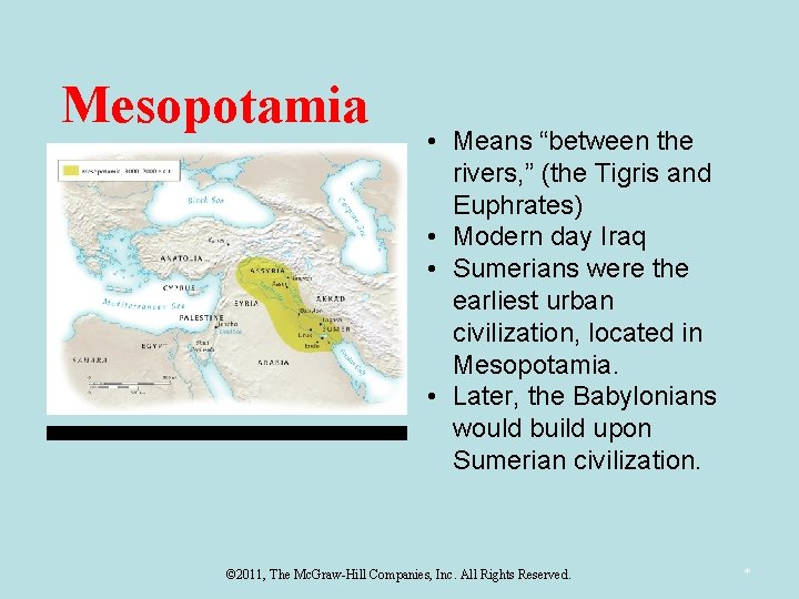 Mesopotamia • Means “between the rivers, ” (the Tigris and Euphrates) • Modern day