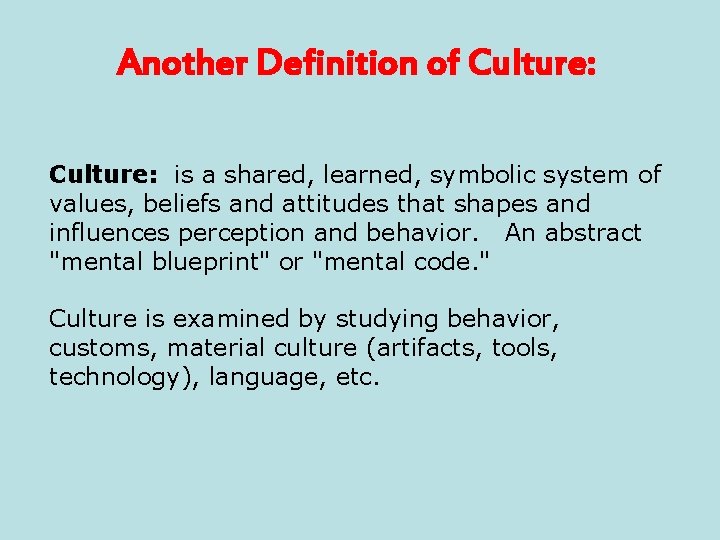 Another Definition of Culture: is a shared, learned, symbolic system of values, beliefs and