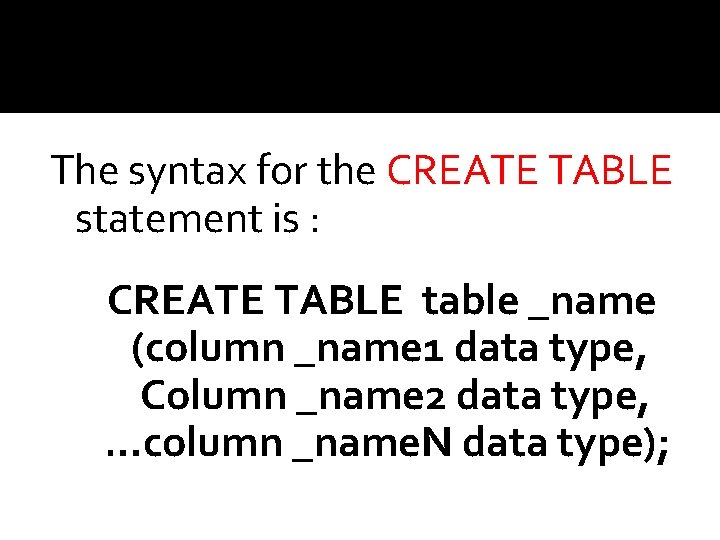 The syntax for the CREATE TABLE statement is : CREATE TABLE table _name (column