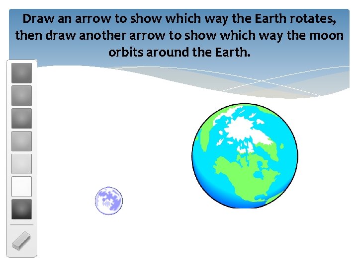 Draw an arrow to show which way the Earth rotates, then draw another arrow Draw an arrow to show which way the Earth rotates, then draw another arrow