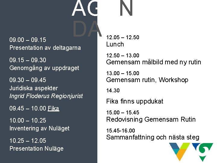 AGEN DA 09. 00 – 09. 15 Presentation av deltagarna 09. 15 – 09. AGEN DA 09. 00 – 09. 15 Presentation av deltagarna 09. 15 – 09.