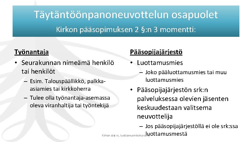 Täytäntöönpanoneuvottelun osapuolet Kirkon pääsopimuksen 2 §: n 3 momentti: Työnantaja • Seurakunnan nimeämä henkilö