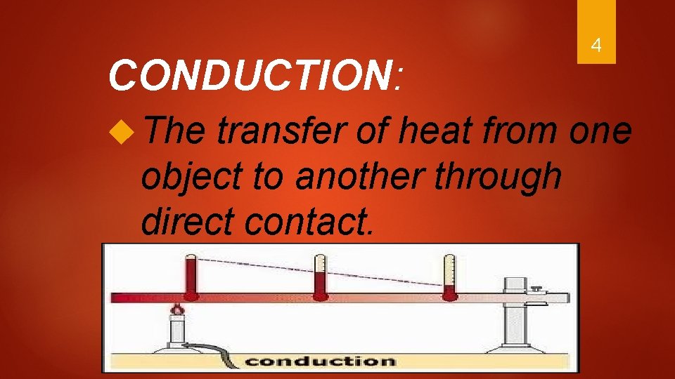 CONDUCTION: The 4 transfer of heat from one object to another through direct contact.