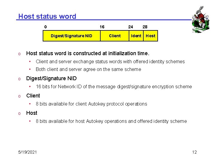 Host status word 0 16 Digest/Signature NID o o Ident Host • Client and