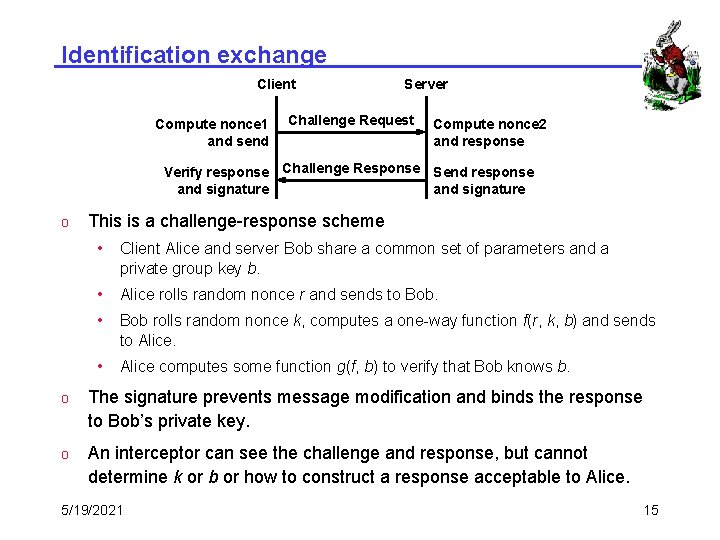 Identification exchange Client Compute nonce 1 and send Server Challenge Request Compute nonce 2