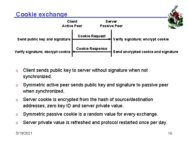 Cookie exchange Client Active Peer Send public key and signature Verify signature; decrypt cookie