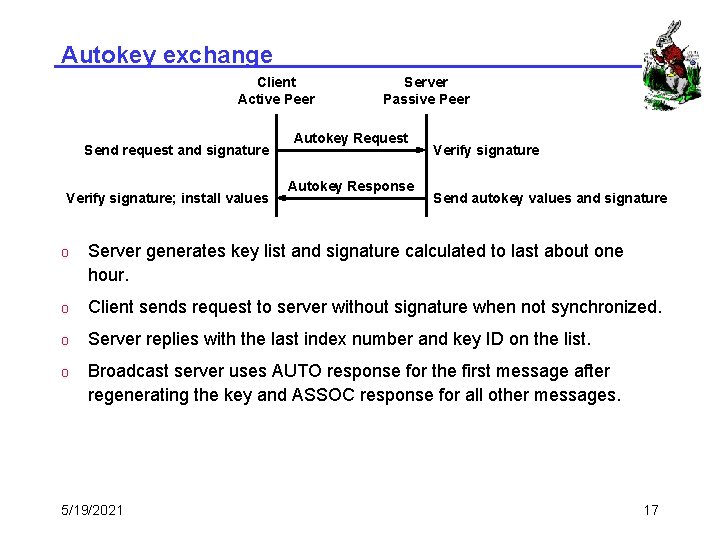 Autokey exchange Client Active Peer Send request and signature Verify signature; install values Server