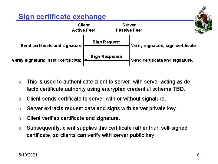 Sign certificate exchange Client Active Peer Send certificate and signature Verify signature; install certificate;