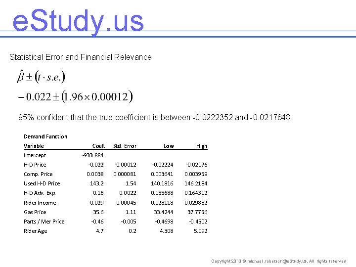 e. Study. us Statistical Error and Financial Relevance 95% confident that the true coefficient