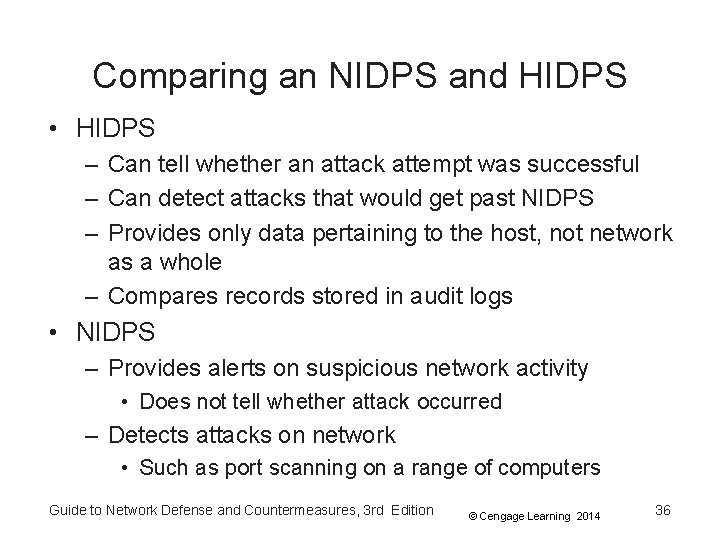 Comparing an NIDPS and HIDPS • HIDPS – Can tell whether an attack attempt