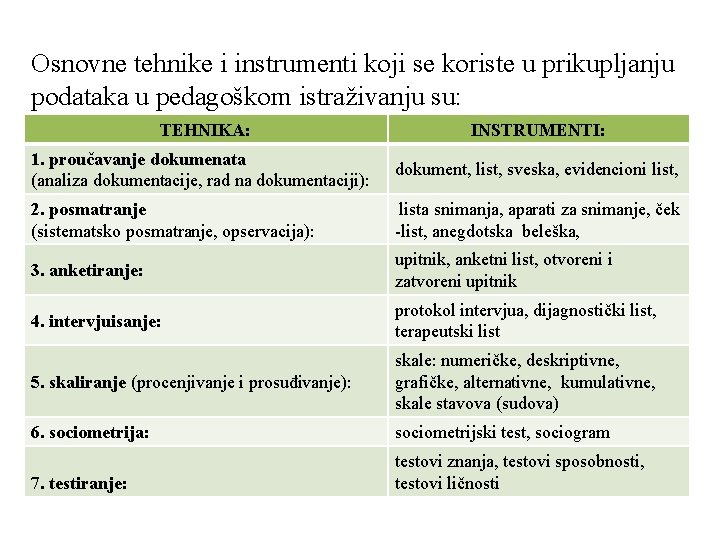 Osnovne tehnike i instrumenti koji se koriste u prikupljanju podataka u pedagoškom istraživanju su: