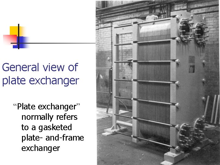 General view of plate exchanger “Plate exchanger” normally refers to a gasketed plate- and-frame